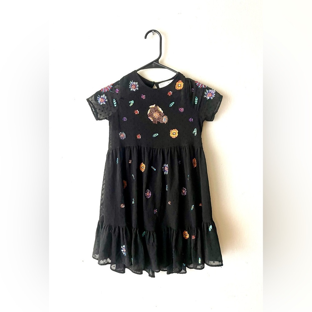 Dress Zara Kids Girl Embroidered Tulle Black Short Sleeve Size 6 - Picture 2 of 9
